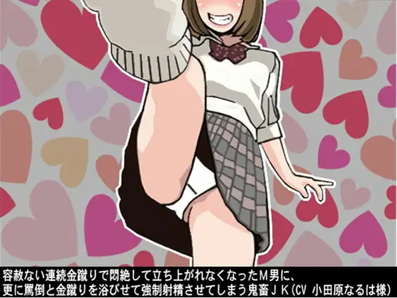 容赦ない連続金蹴りで悶絶して立ち上がれなくなったM男に、更に罵倒と金蹴りを浴びせて強○射精させてしまう鬼畜JK(CV 小田原なるは様)